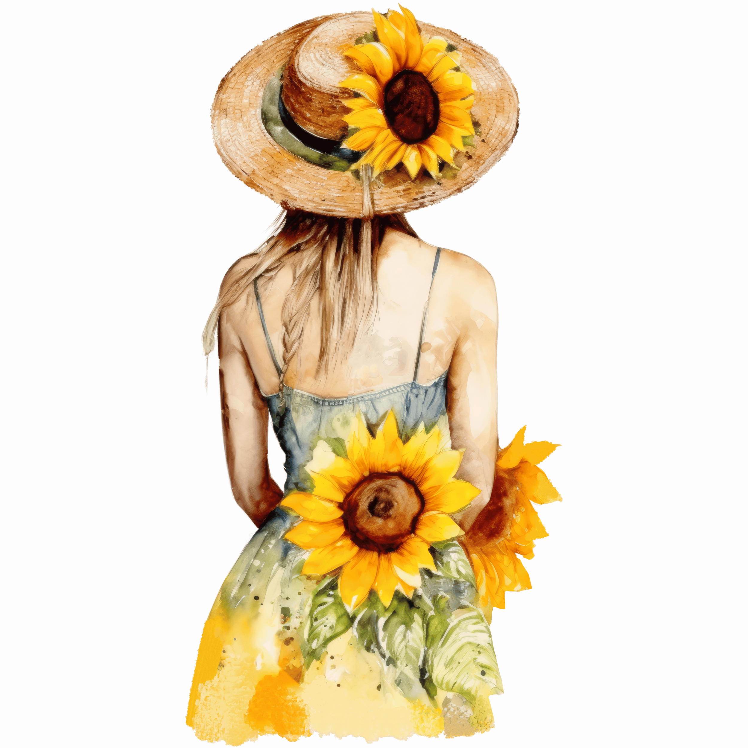 Femme vue de dos portant un chapeau en paille avec une grande broche en forme de tournesol, vêtue d'une robe d'été décorée de tournesols, sur un fond bleu.