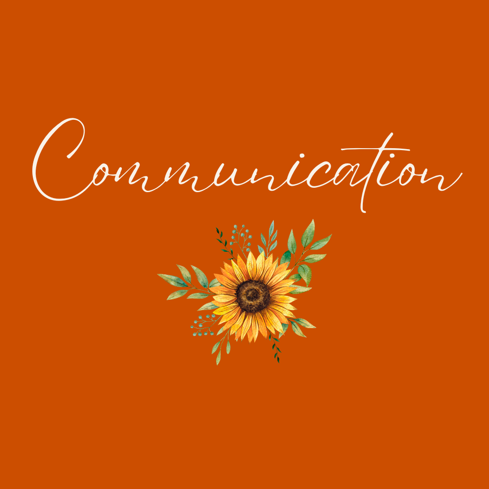 Illustration avec le mot 'Communication' écrit en cursive blanche sur un fond orange. En dessous, une fleur de tournesol avec des feuilles vertes.