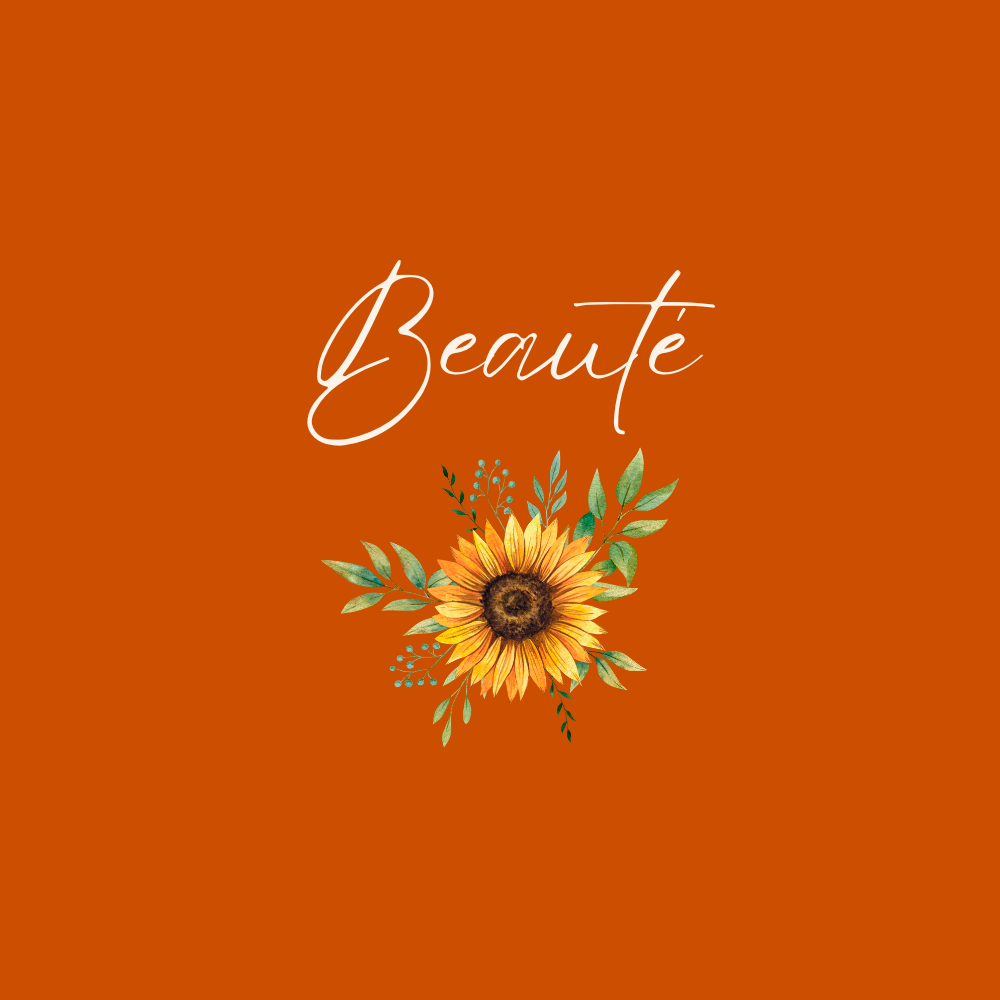 Une illustration d'une couverture avec un fond orange, le mot "Beauté" écrit en cursive blanche, et une image d'une fleur de tournesol avec des feuilles vertes en dessous.