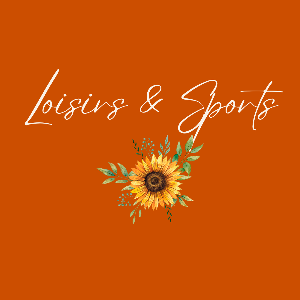 Arrière-plan orange avec texte blanc "Loisirs & Sports" et une illustration d'un tournesol entouré de feuilles.