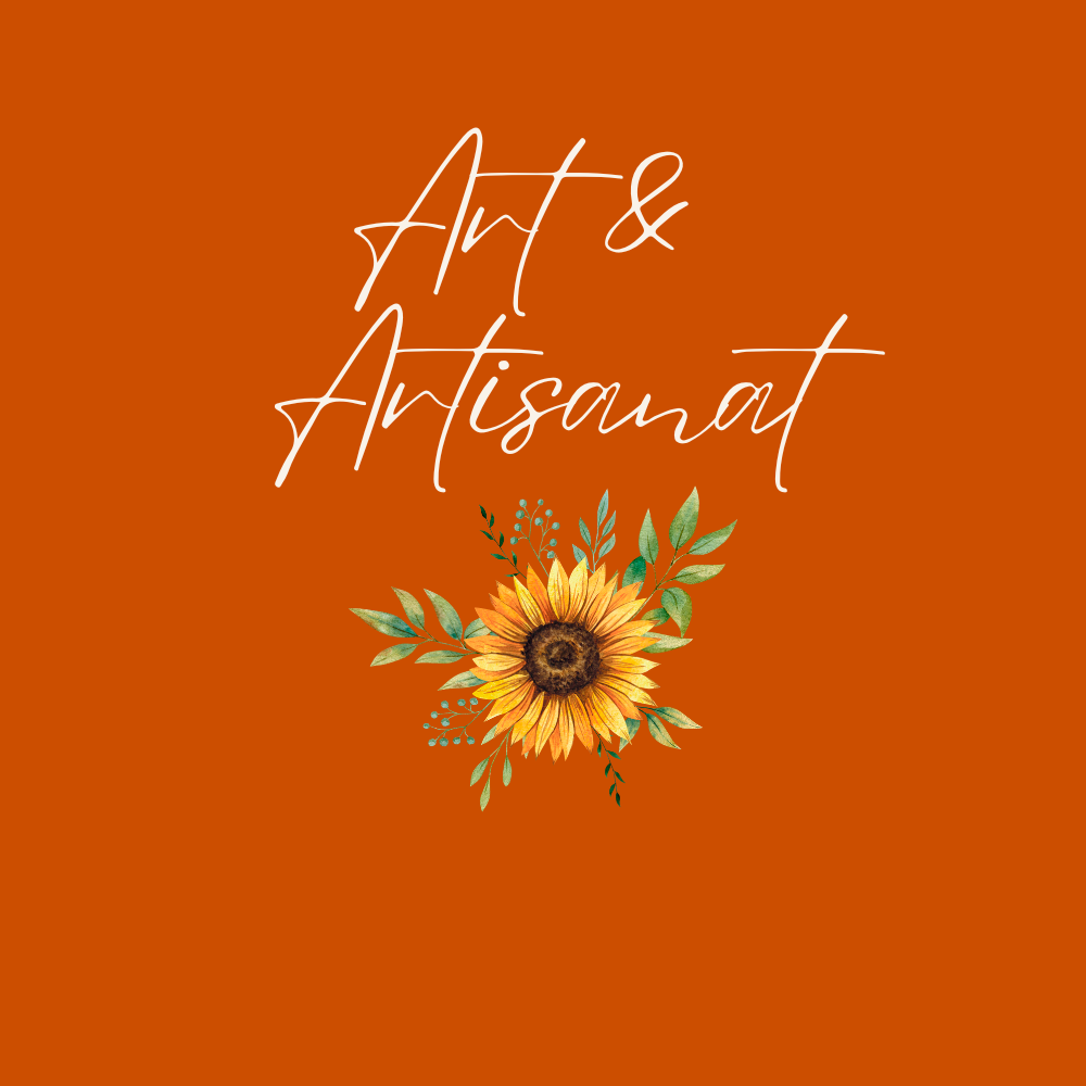 Couverture d'un livre ou d'une affiche avec fond orange, texte blanc "Art & ArtisaNat" en script, illustration d'une tournesol entourée de feuilles et de petites branches.