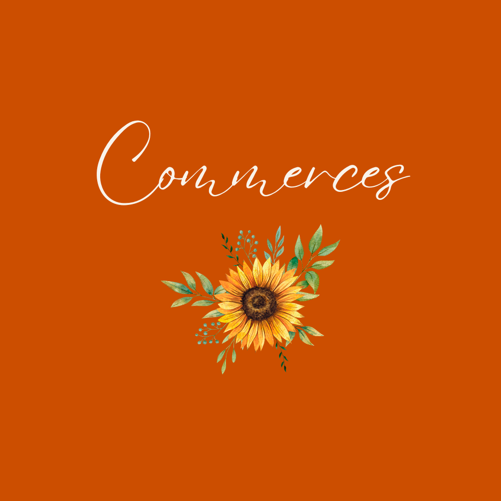 Carte avec fond orange, texte 'Connerces' écrit en cursive et illustration d'un tournesol avec des feuilles autour.