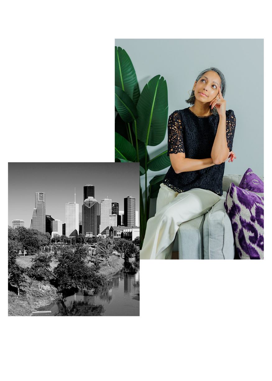 Collage of two images: Aditi Pemmaraju, Houston physician relocation realtor, portrait with Houston skyline representing relocation to the Texas Medical Center