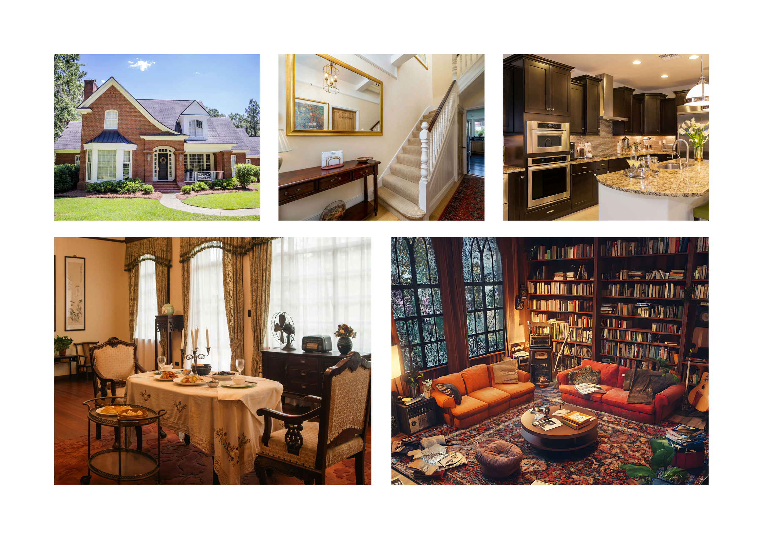 Collection of Houston homes and interiors including kitchen, dining room, and living spaces for medical families relocating.