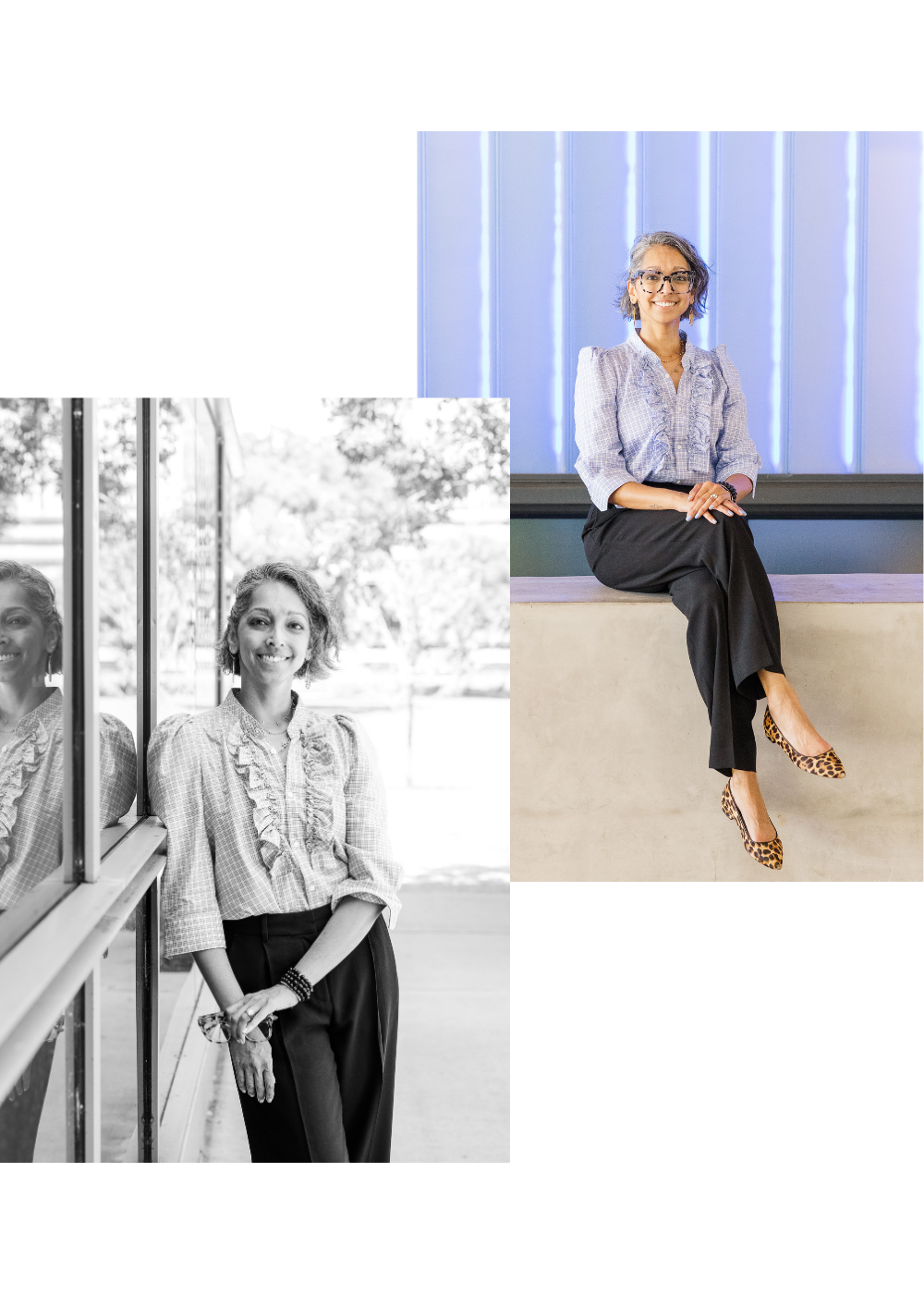 Layered photos of Aditi Pemmaraju, Houston physician relocation specialist, seated with glasses and leopard print shoes, smiling and a black and white photo of Aditi similing leaning against a building.