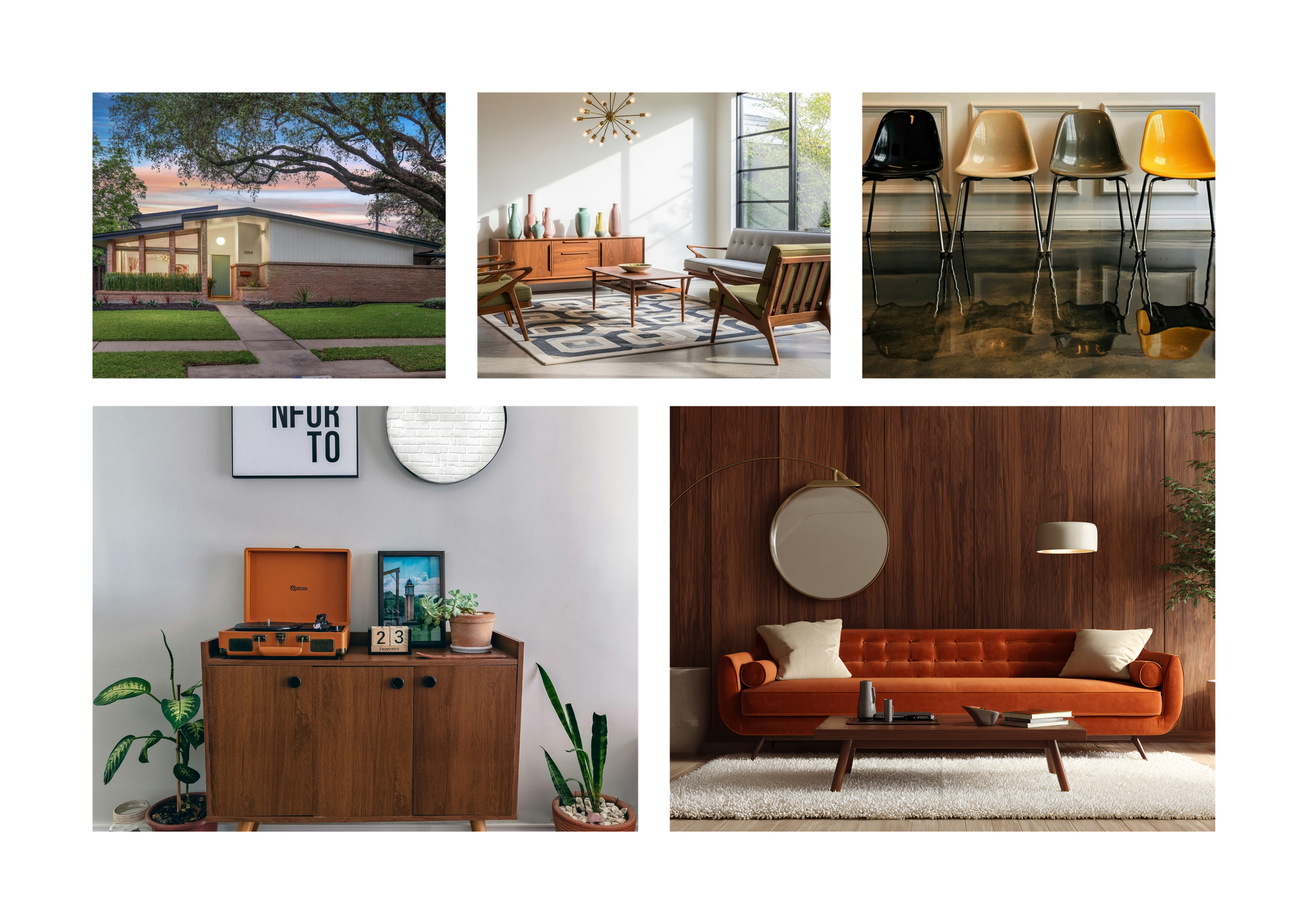 Houston home design and decor collage with living rooms, furniture, and exterior spaces reflecting lifestyle for relocating physicians.