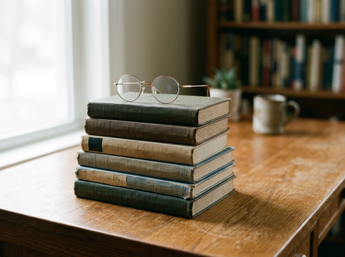 Stack of books with reading glasses on a wooden desk.