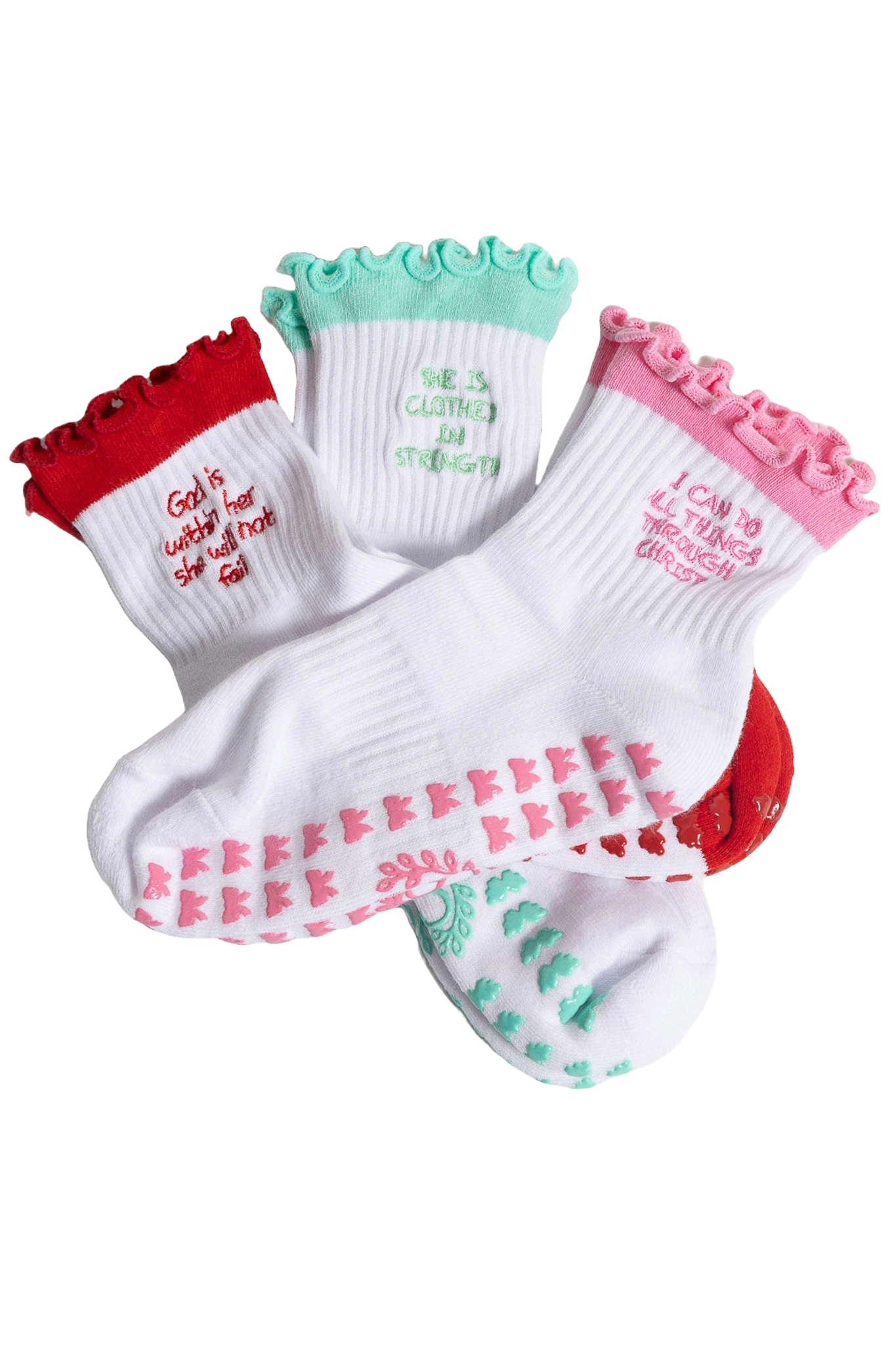 Three pairs of colorful embroidered socks with inspirational messages and decorative cuffs