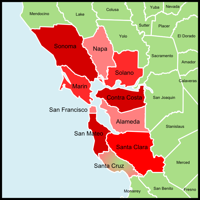 Map of Northern California highlighting various counties in different shades of red and pink, with city names such as San Francisco, San Mateo, Santa Cruz, and Santa Clara, and neighboring states and cities shown in green.