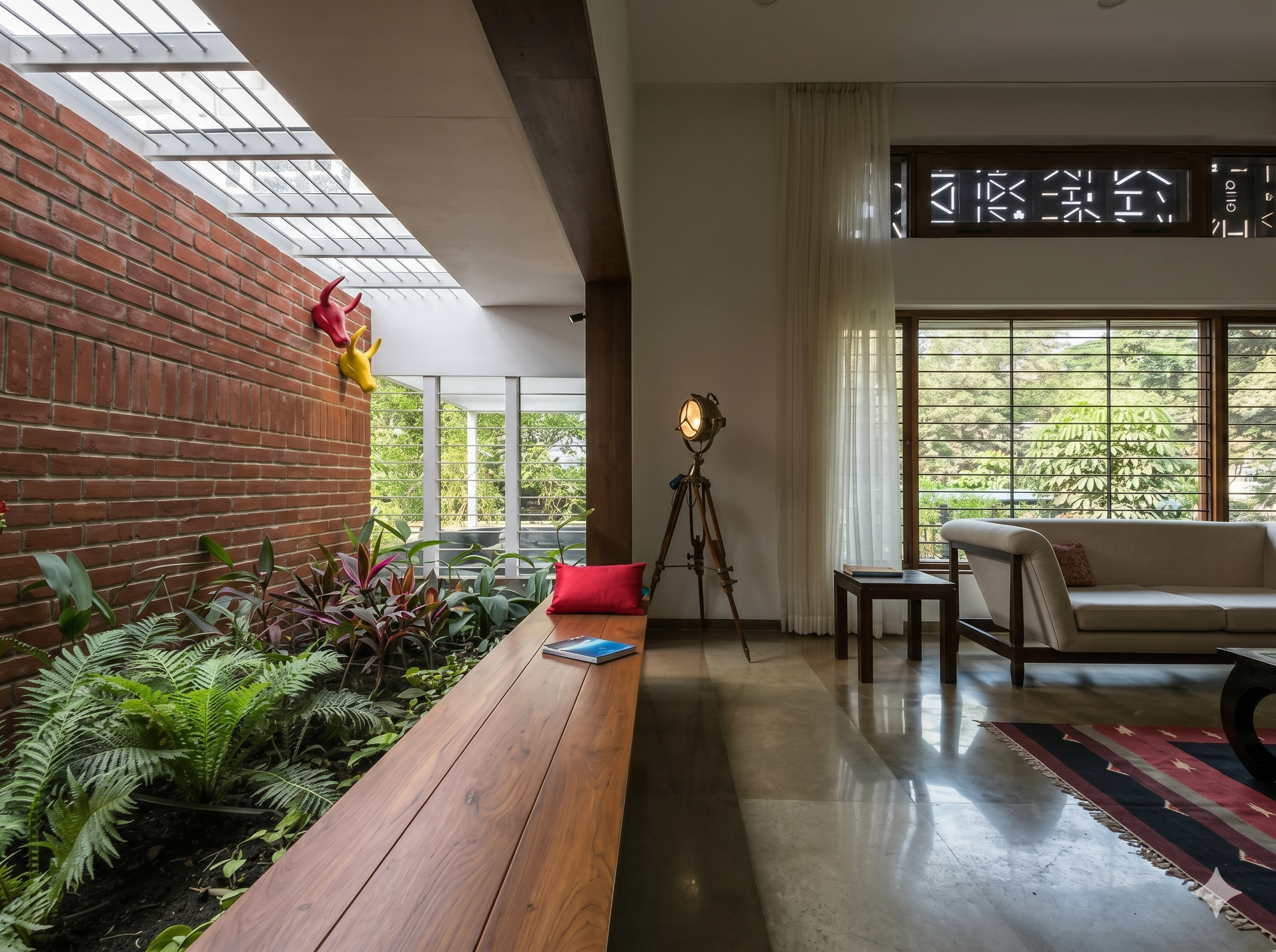 Indoor space with large windows and a brick wall adorned with two colorful, contemporary light sculptures shaped like animal heads, plants along a wooden ledge, and a seating area with a white couch, armchair, and a patterned rug.