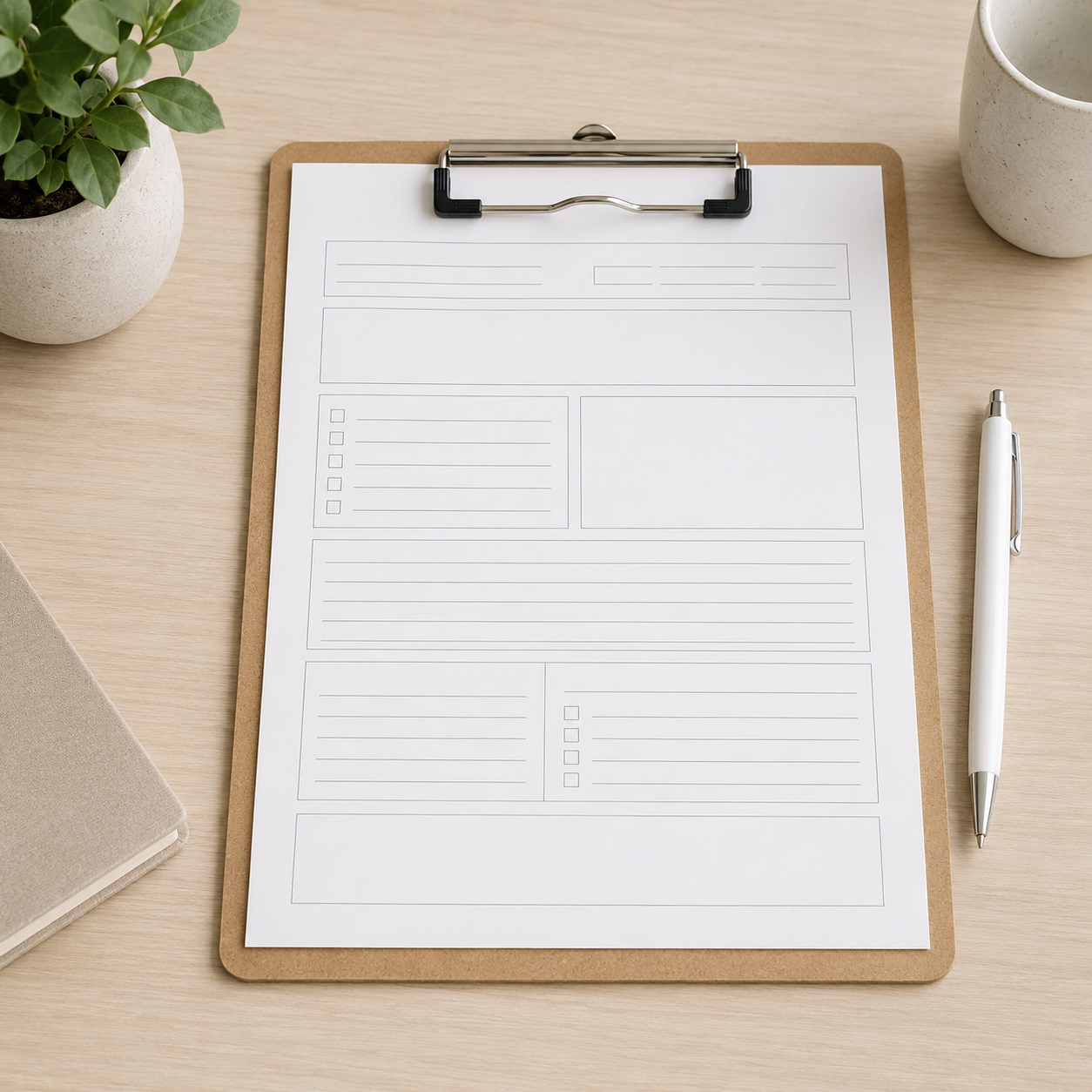 A clipboard with a blank planner page, a white pen, a potted plant, and a blank notebook on a wooden desk.