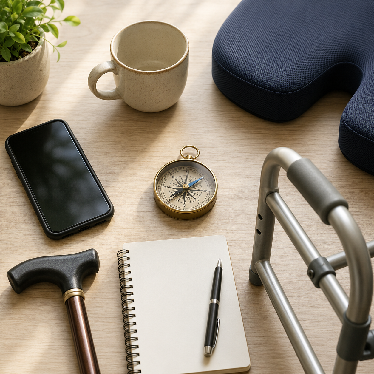 A wooden table with a potted plant, empty mug, blue cushion, smartphone, compass, notepad with pen, black hammer, and a walker.