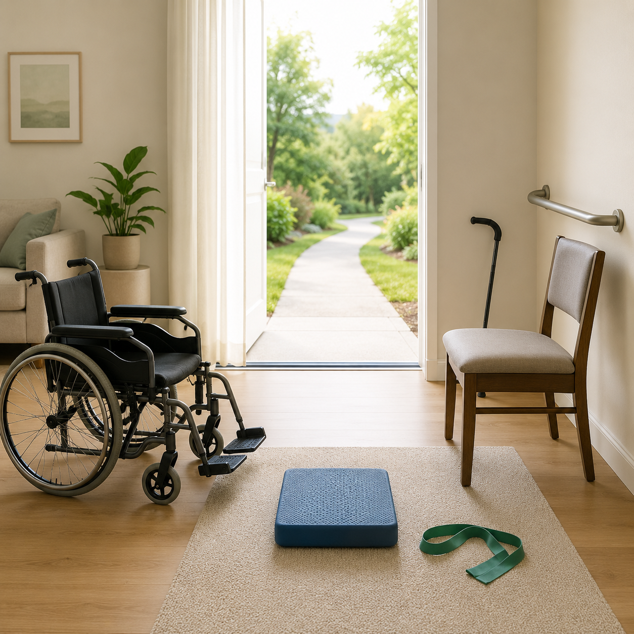 Indoor space with wheelchair, exercise bench, walker, and chair near a door leading outside to a garden path.