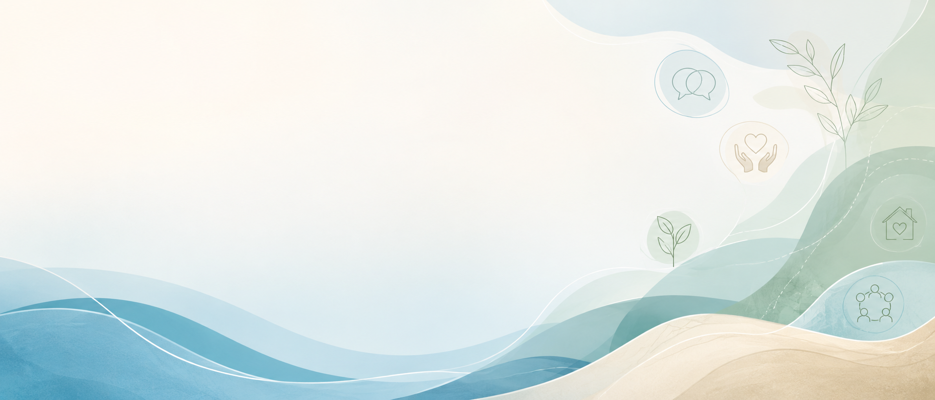 Light pastel abstract background with wave-like patterns and icons representing communication, care, and community.