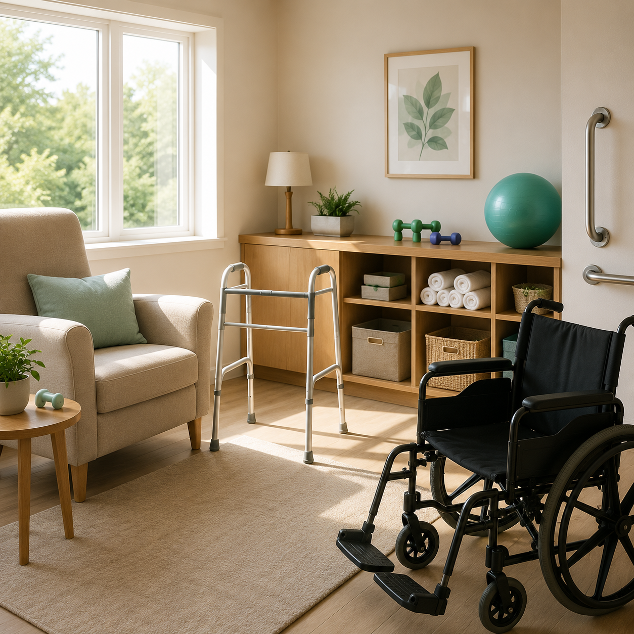Living room with a beige armchair, a walker, a wheelchair, and a wooden shelf with rolled towels, a green exercise ball, and small green and blue dumbbells. A window shows trees outside, and a framed leaf print hangs on the wall.