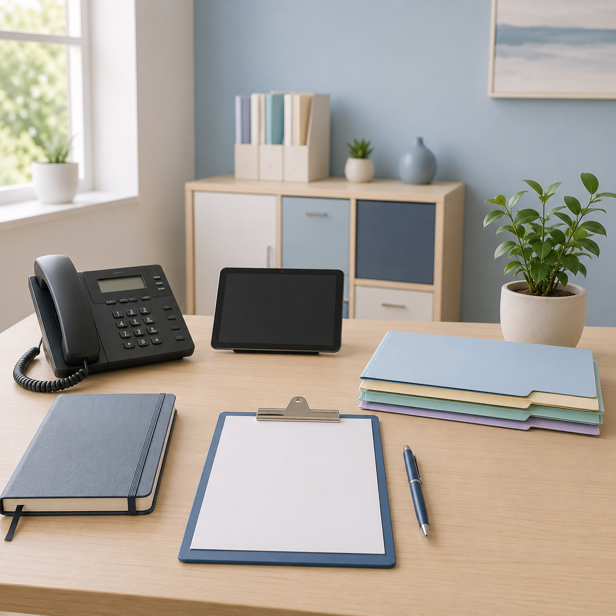 Office desk with a black phone, tablet, gray notebook, clipboard with blank paper, pen, stack of pastel-colored folders, and a potted plant, with a blue cabinet, decorative items, and window in the background.