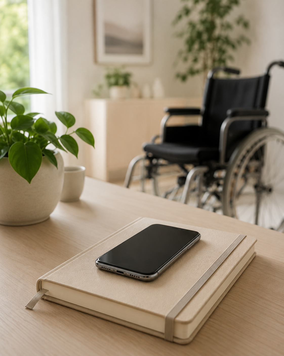 A black smartphone resting on a closed beige notebook on a light wooden table, with a potted plant and a wheelchair in the background.