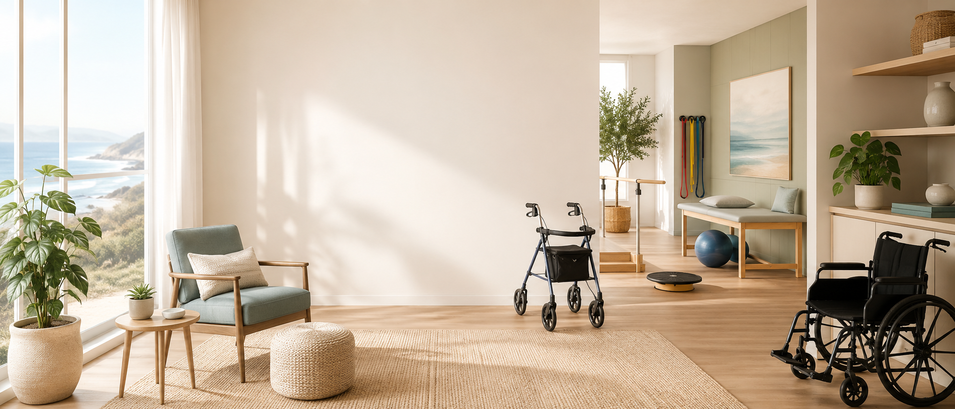 Bright, welcoming living space with large window showing ocean view, indoor plants, armchair with cushion, walker, wheelchair, exercise equipment, and soft natural lighting.