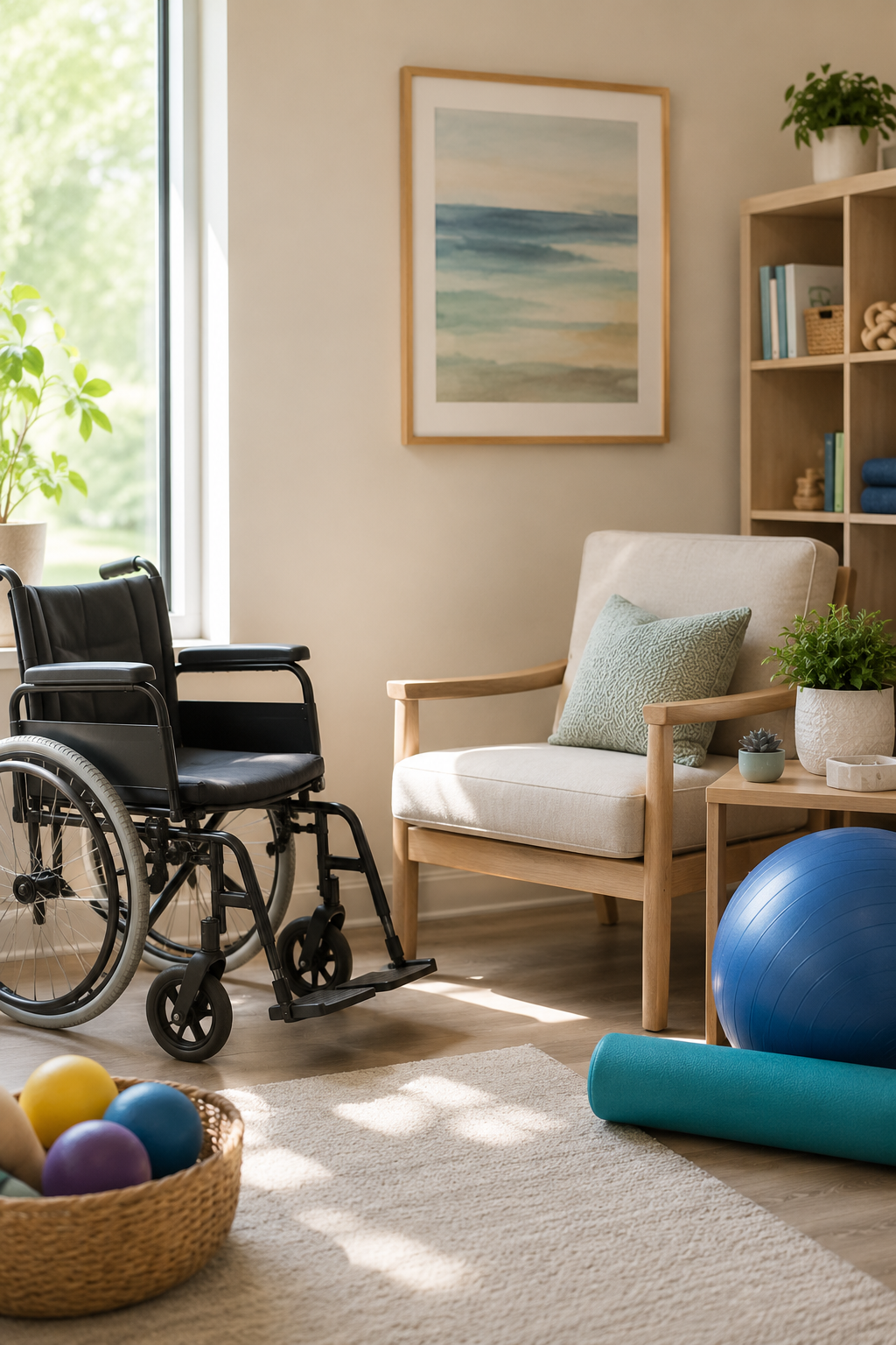A cozy room with a wheelchair, an armchair with a pillow, a side table with potted plants, a bookshelf, a large abstract ocean painting, and exercise equipment including a blue exercise ball and a yoga mat, with natural light coming through a window.