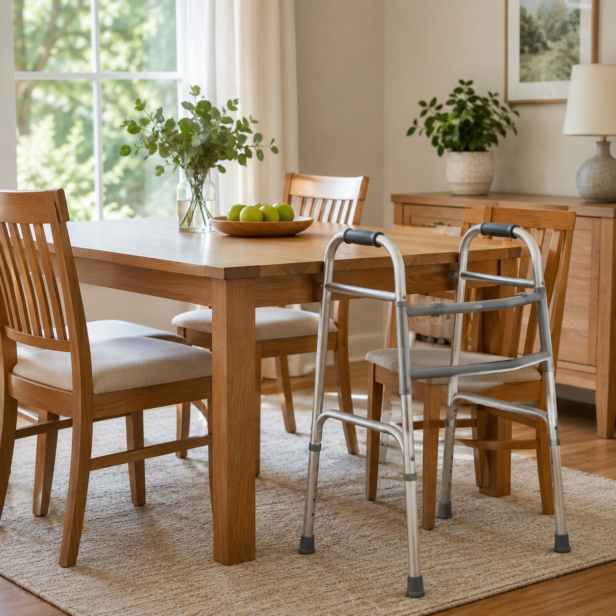 A wooden dining table with four chairs, a walker, a bowl of green apples, and a vase with green foliage in a room with large window and natural light.