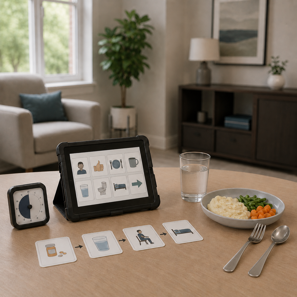 A tabletop with a glass of water, a bowl of vegetables, a fork and spoon, and a tablet displaying pictures of a person, a thumbs up, a plate, a mug, a glass of water, a toilet, a bed, and an arrow. Printed cards on the table show medicine, water, sitting in a chair, and going to bed.