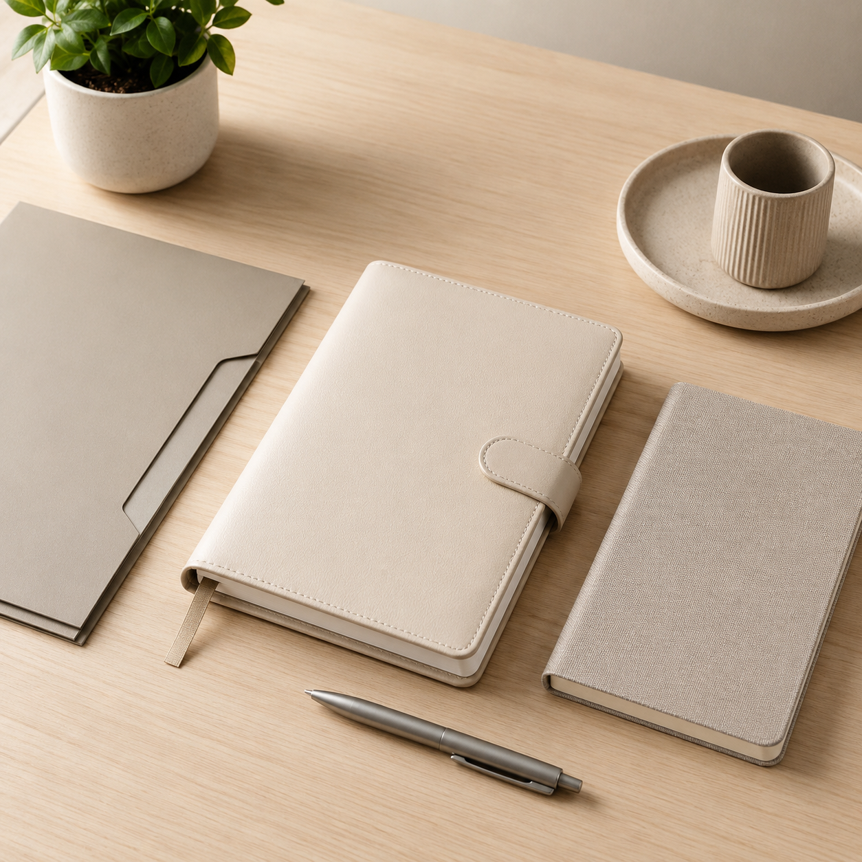 A light wooden desk with a green potted plant, a closed gray folder, a beige notebook with a strap, a gray notebook, a silver pen, and a beige ceramic cup and tray.