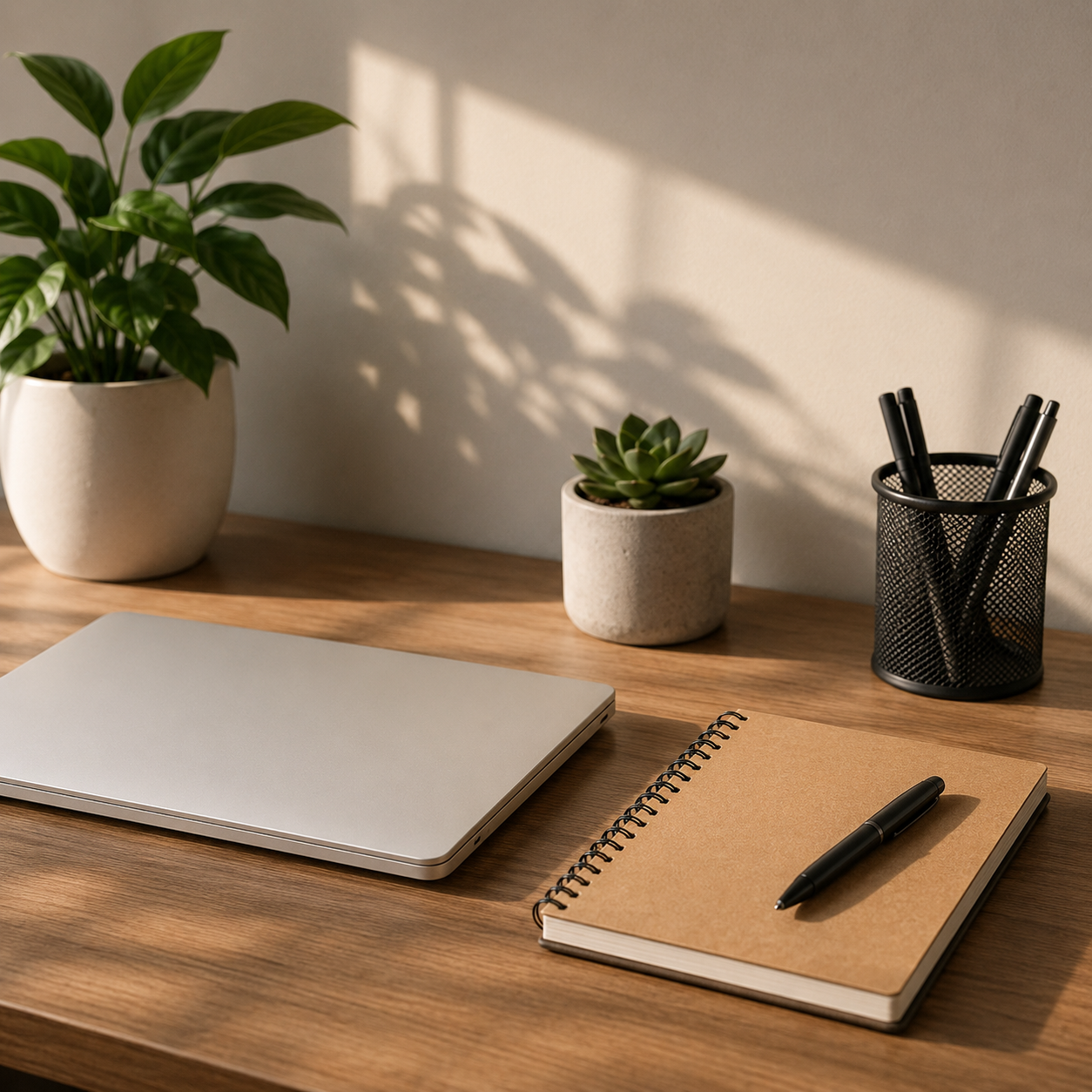 A tidy wooden desk with a closed silver laptop, a spiral notebook with a black pen, and two potted plants, one leafy and one succulent, along with a black pen holder containing several black pens, bathed in warm sunlight.