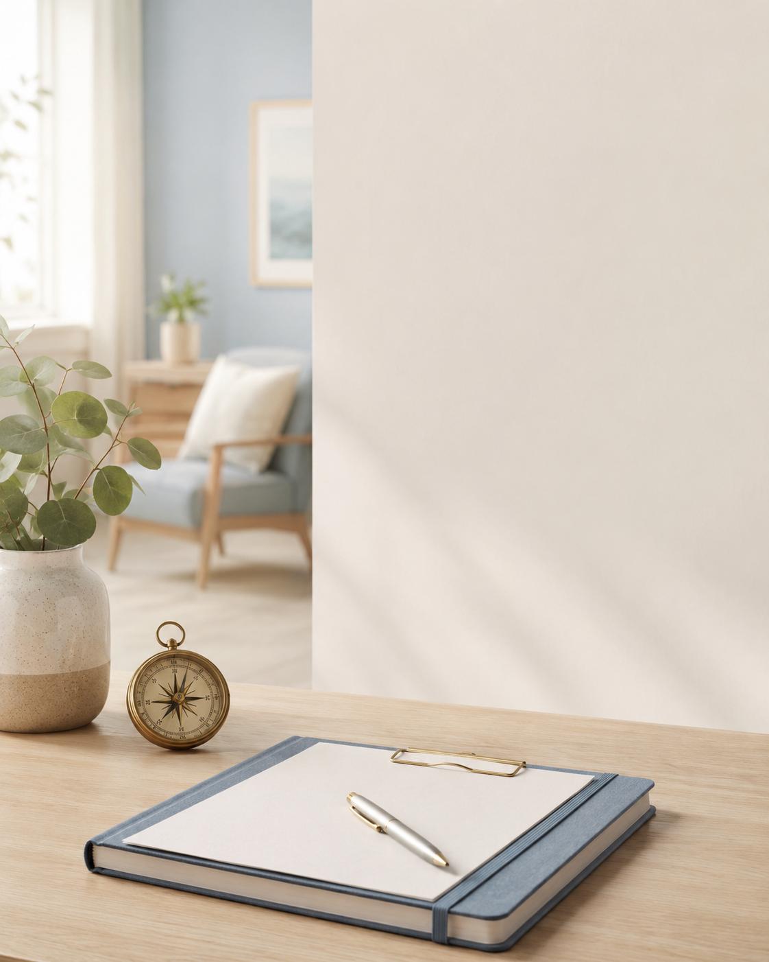 A wooden desk with a potted plant, a compass, a closed notebook, and a pen. In the background, a cozy living room with a blue armchair, white throw pillow, side table, and framed painting communicates a calm, inviting atmosphere.