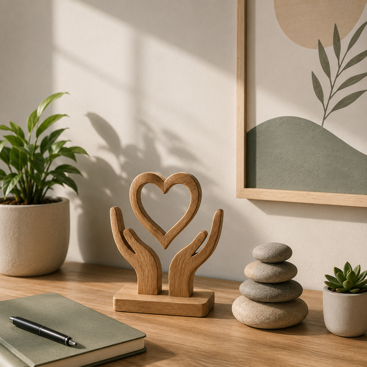 Decorative wooden sculpture of two hands holding a heart, on a wooden desk. Potted plants, a closed notebook with a pen, a stack of smooth stones, and framed minimalist wall art are visible in a naturally lit room.