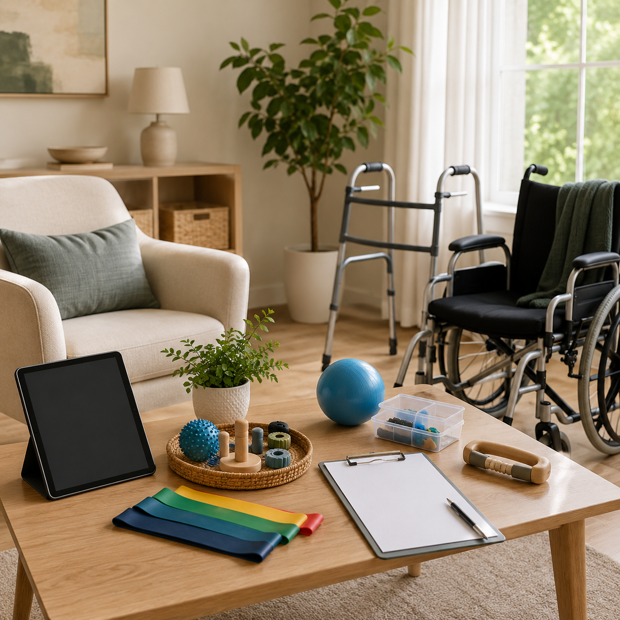 Rehab room with wheelchair, walker, therapy balls, resistance bands, clipboard, tablet, and plants.