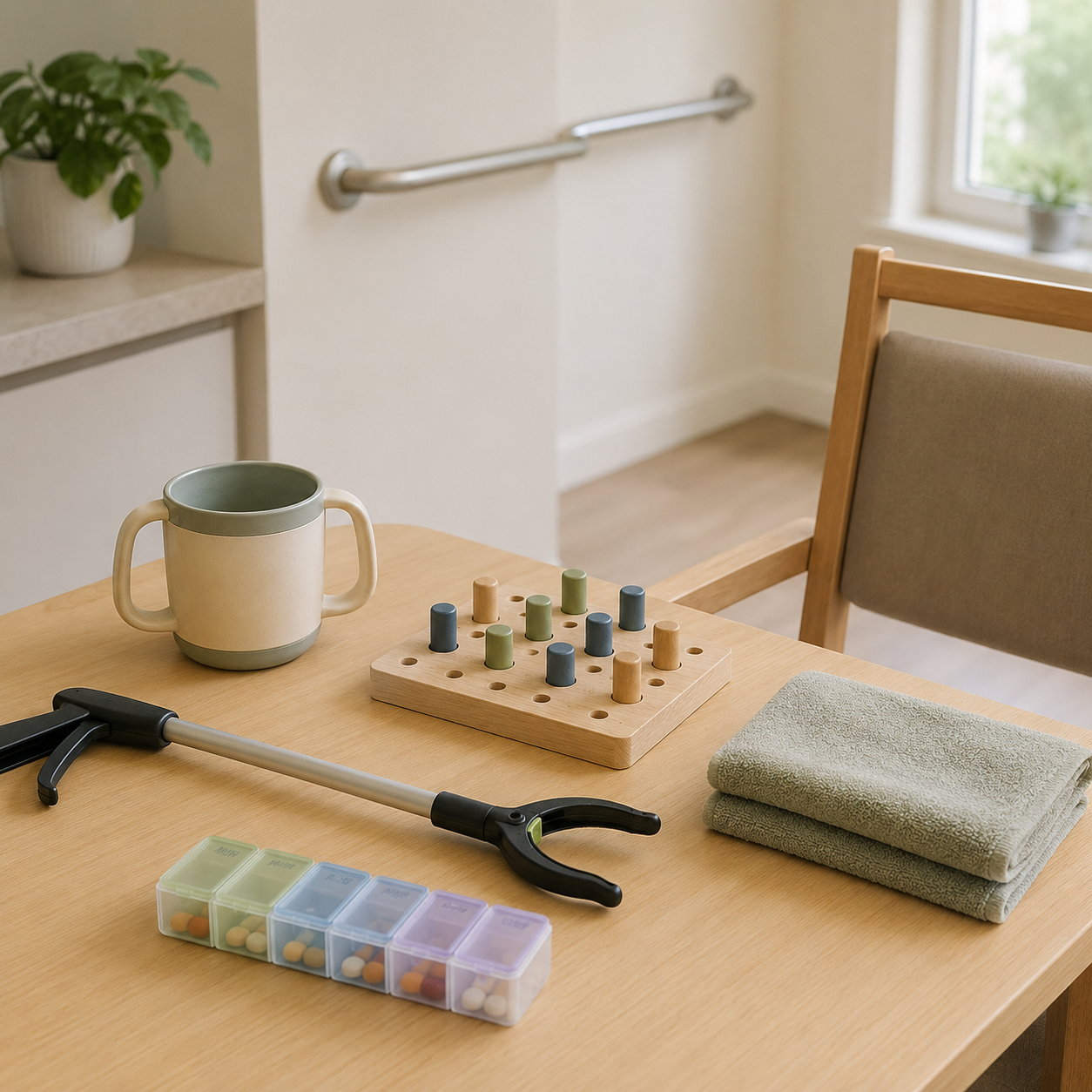 A wooden table with a ceramic mug, a wooden peg game, a stethoscope, a towel, and pill containers. There is a window and a plant in the background.