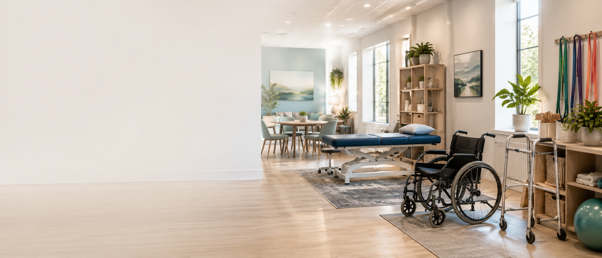 Medical therapy room with a wheelchair, a walker, a treatment table, and plants.