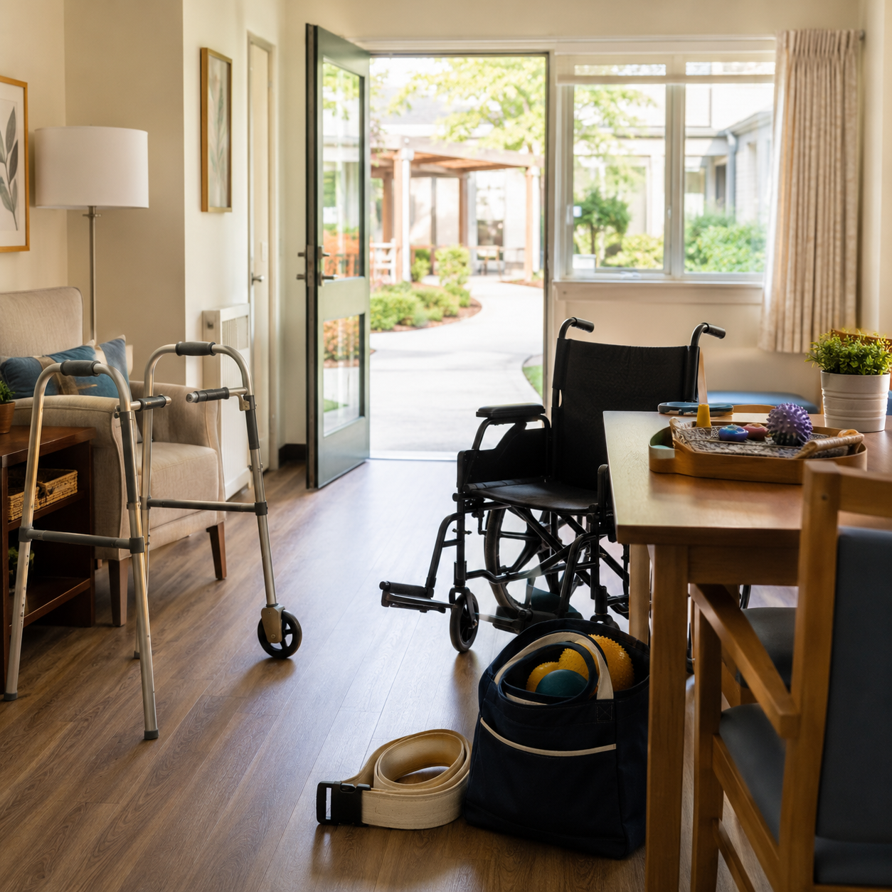 Living room with wheelchair, walker, and therapy equipment near open door leading outside with garden view.