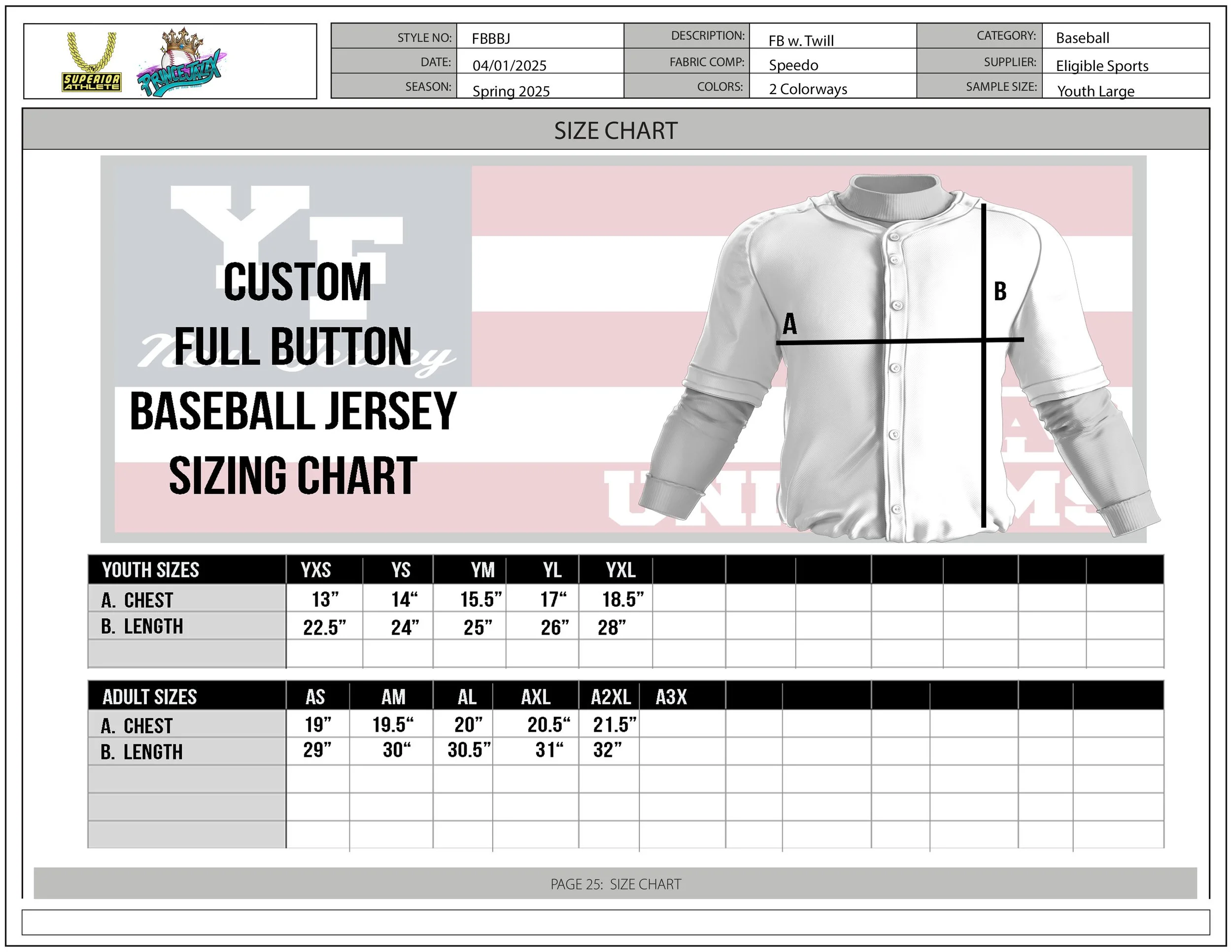 PJX Tech Pack - Size Chart