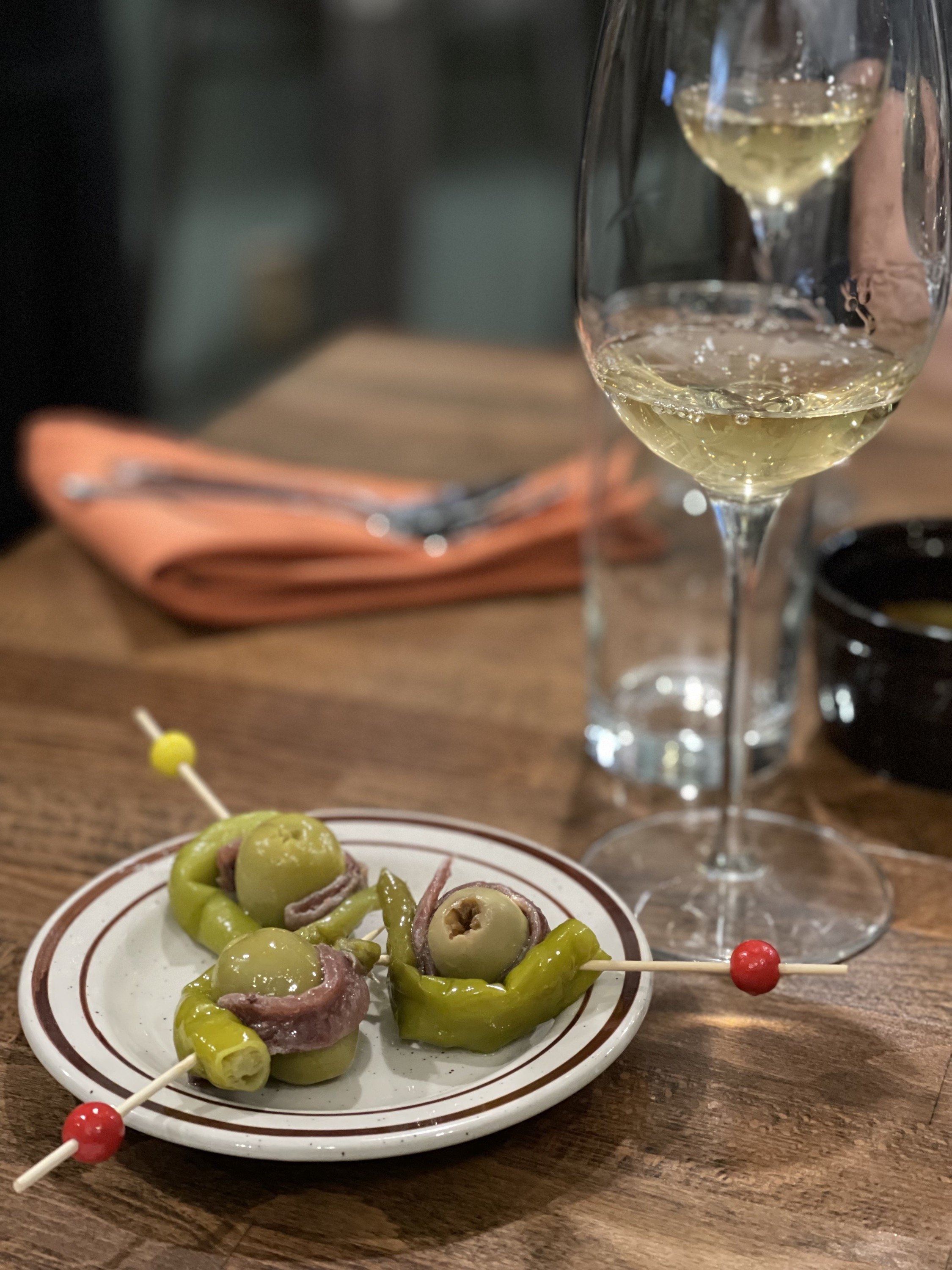 GILDA
Three anchovy, olive and piparra pepper skewers (gf) · Spain