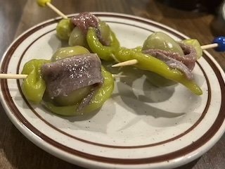 GILDA
Three anchovy, olive and piparra pepper skewers (gf) · Spain