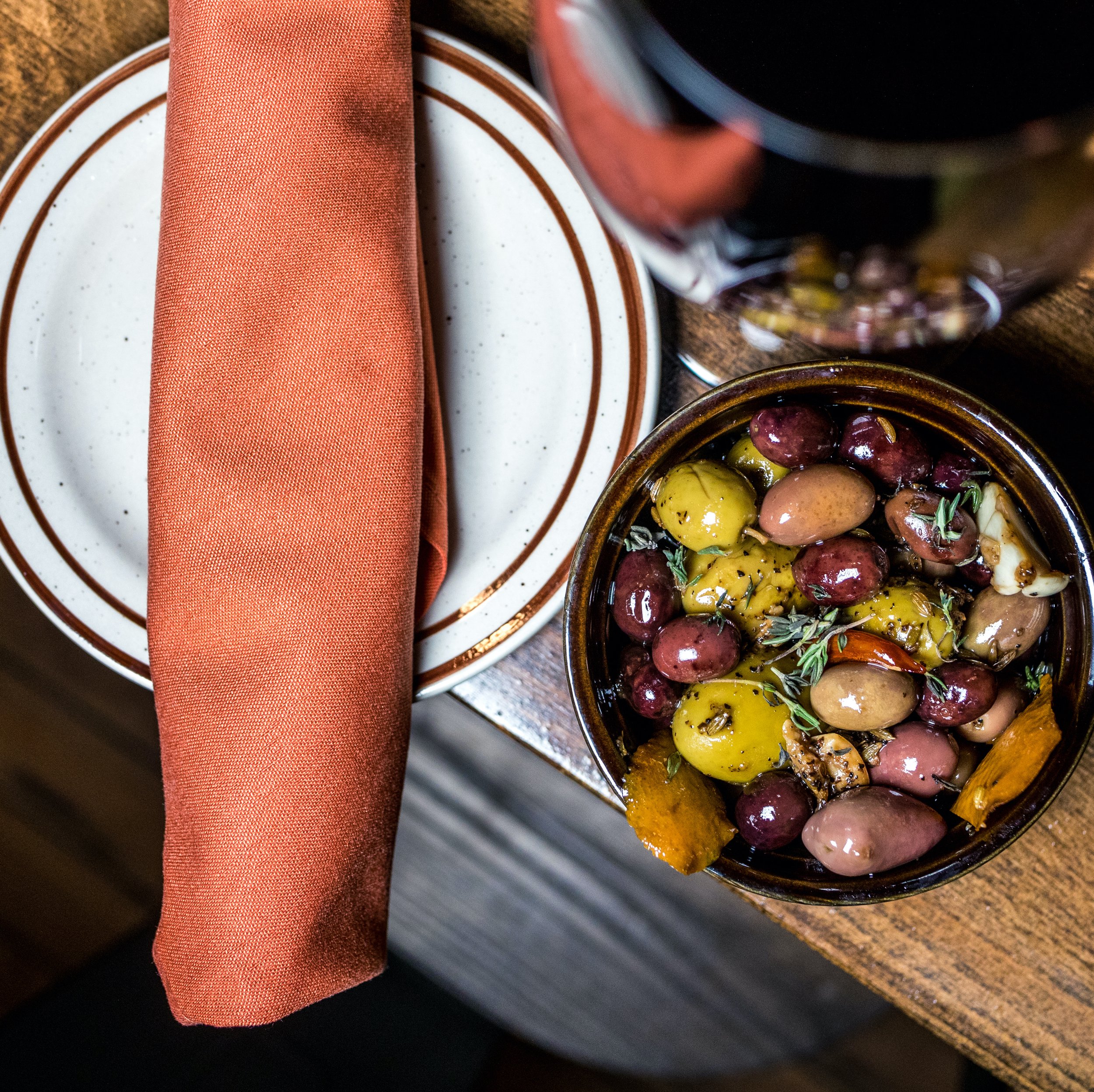 MARINATED MEDITERRANEAN OLIVES
Olives, citrus, herbs and olive oil (gf, vg) · Mediterranean