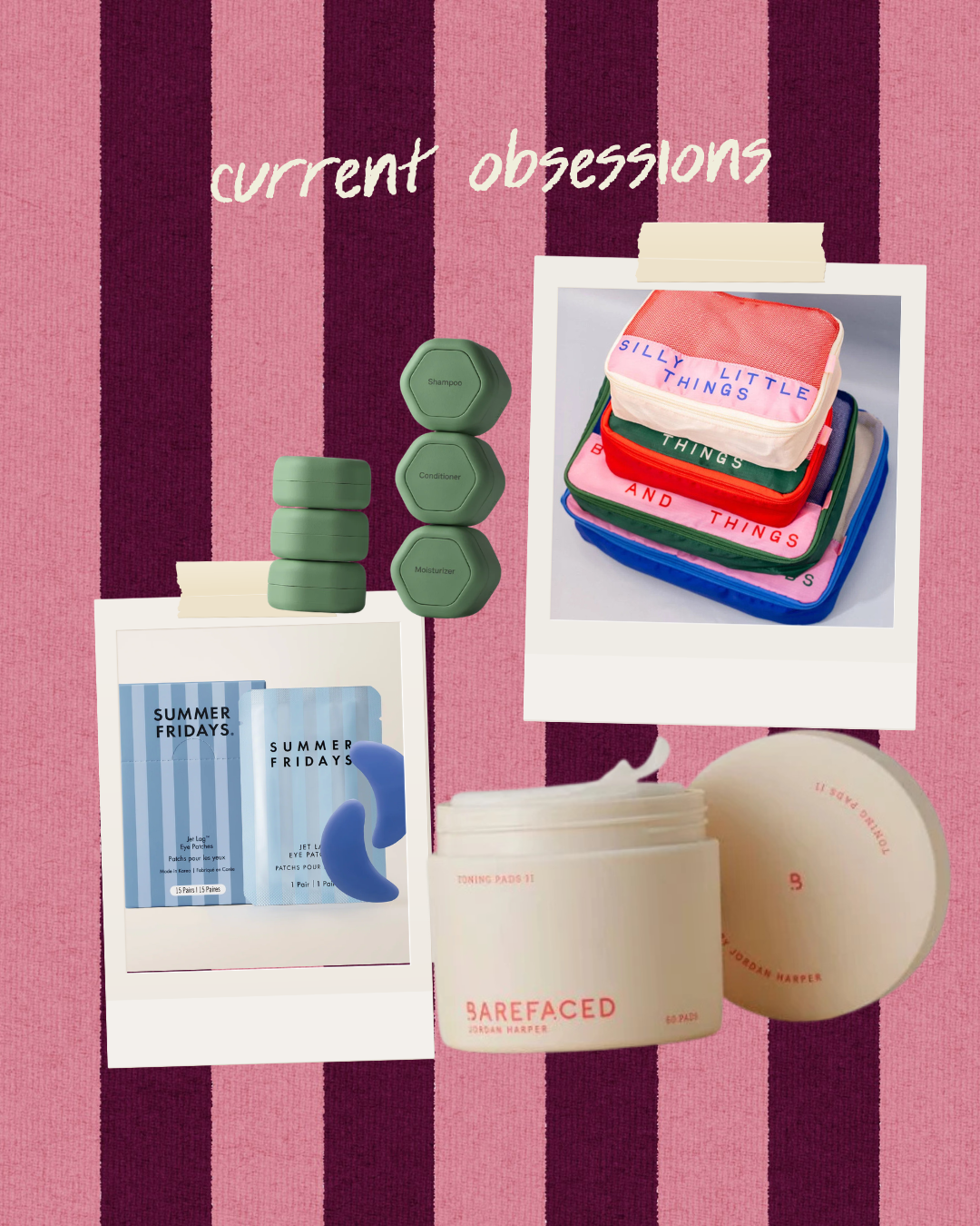 Toning pads, under eye patches, packing cubes, and toiletry storage