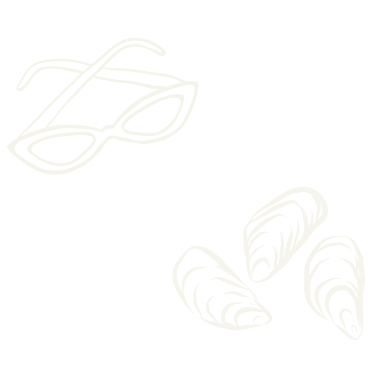 Outline drawing of sunglasses and three seashells on a black background.