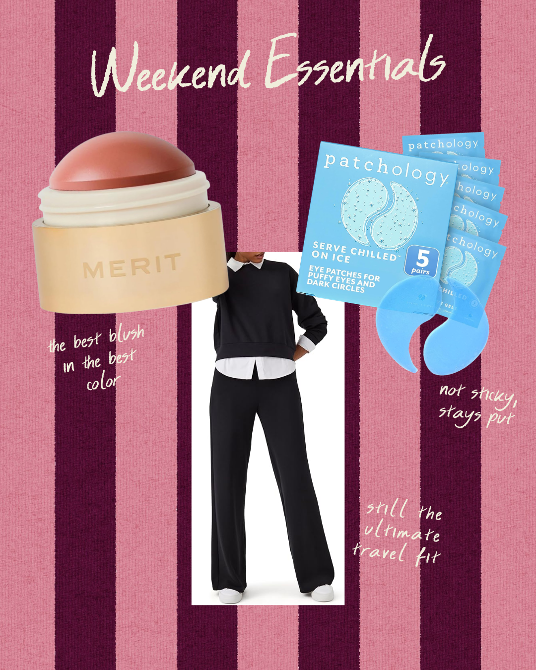 A digital collage featuring a tub of Merit blush, a pack of patchology eye patches, and a person wearing a black outfit with a white shirt underneath. The background has pink and burgundy vertical stripes with the text 'Weekend Essentials'. Handwritten notes on the image describe the products' qualities, such as 'the best blush in the best color', 'not sticky, stays put', and 'still the ultimate travel fit'.