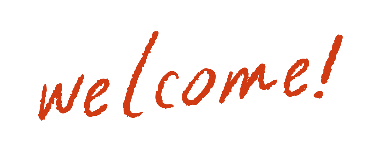 Welcoming sign with the words "Welcome!" in a handwritten style, with large red text and decorative elements on a black background.