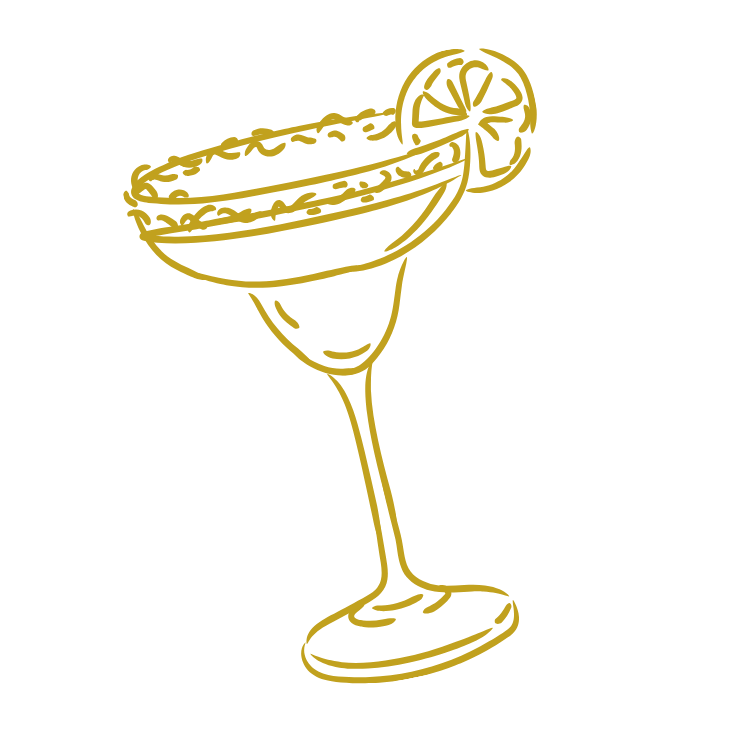 Line drawing of a margarita cocktail in a glass with a salted rim and a lemon slice garnish.