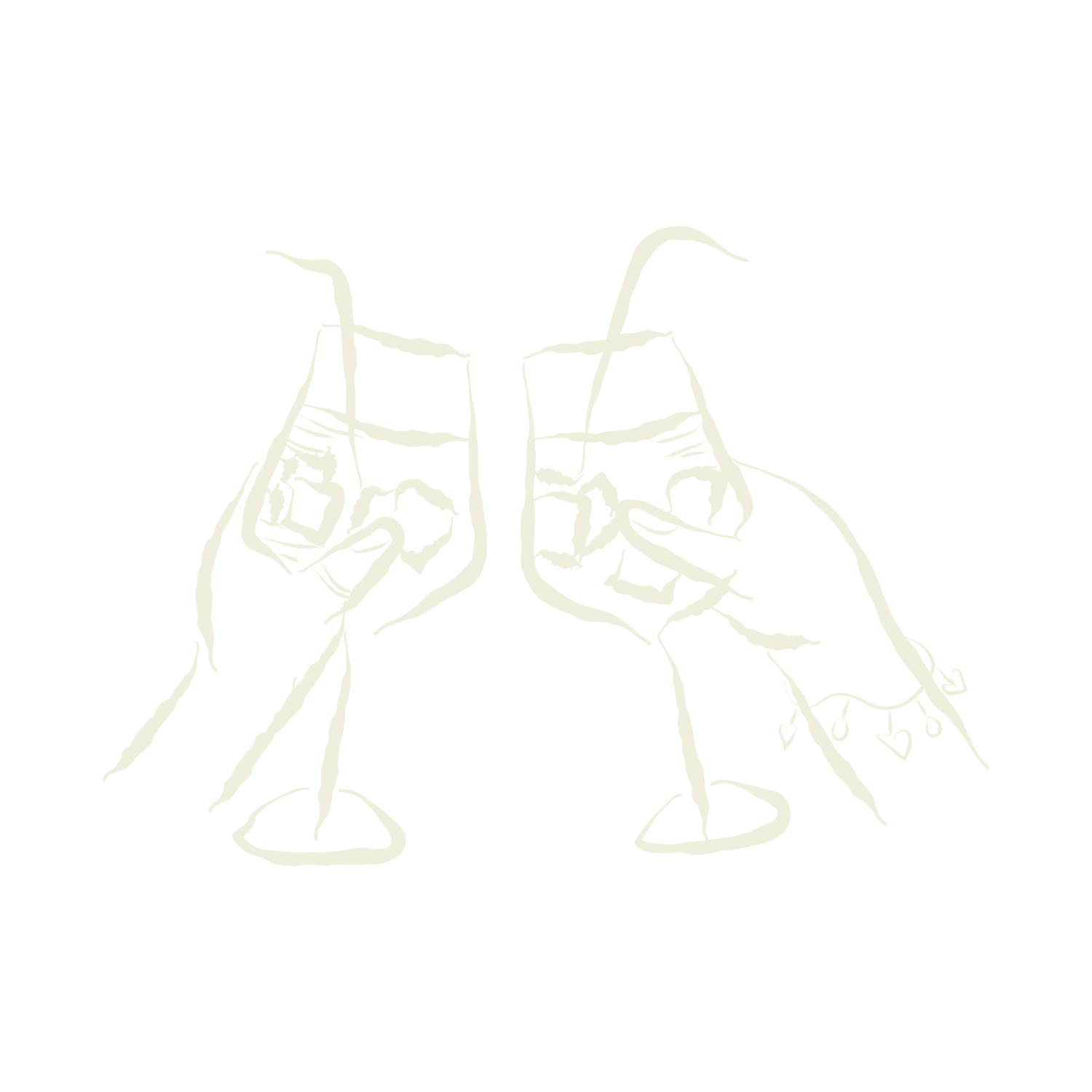 Line art illustration of two hands making finger guns, with hearts hanging from the fingers on the right hand, against a black background.