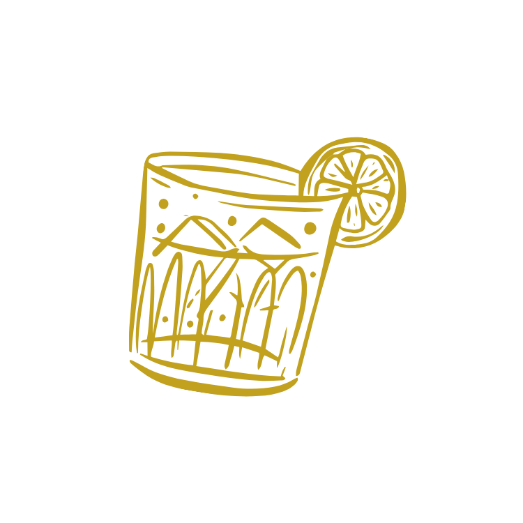 A gold line drawing of a cocktail glass with ice and a lemon slice garnish.