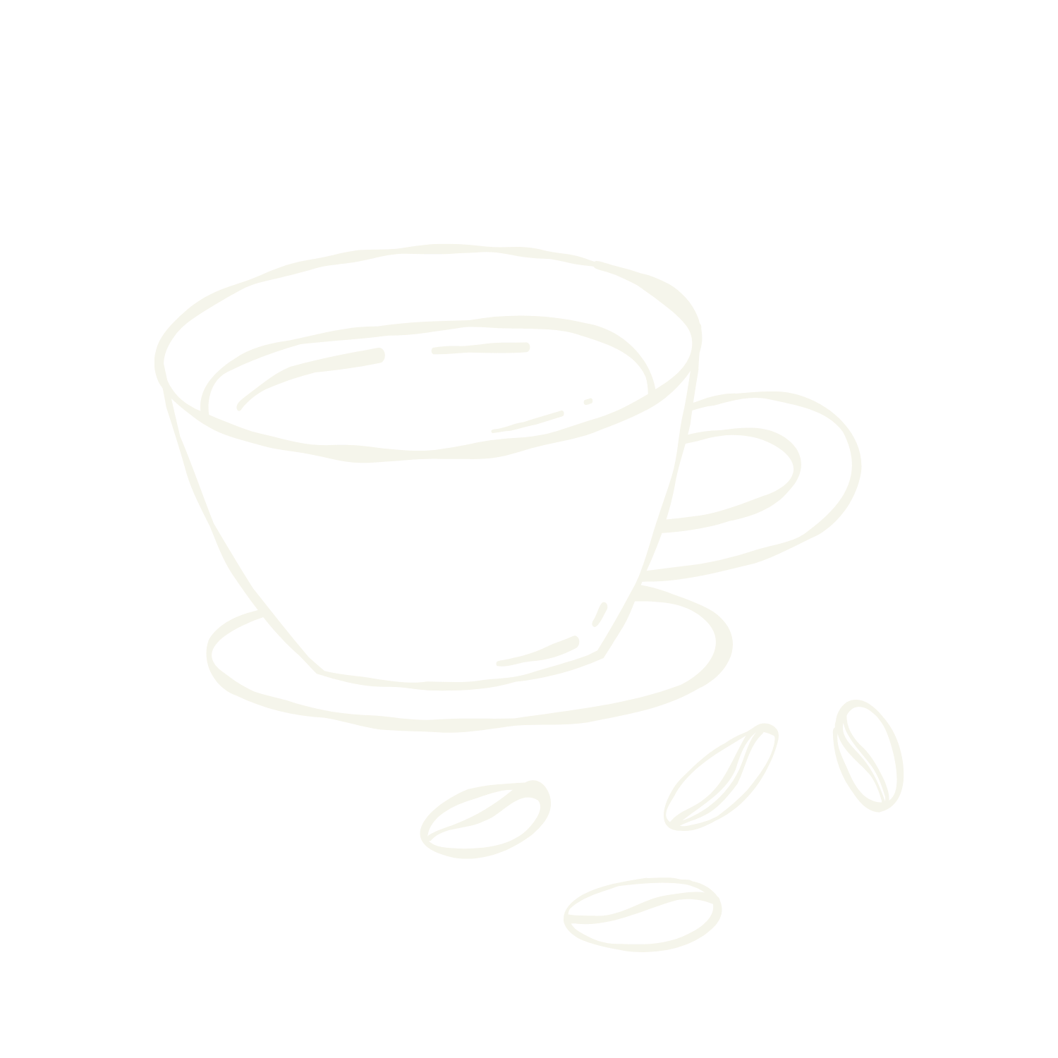 Line art drawing of a coffee cup on a saucer with coffee beans around it on a black background.