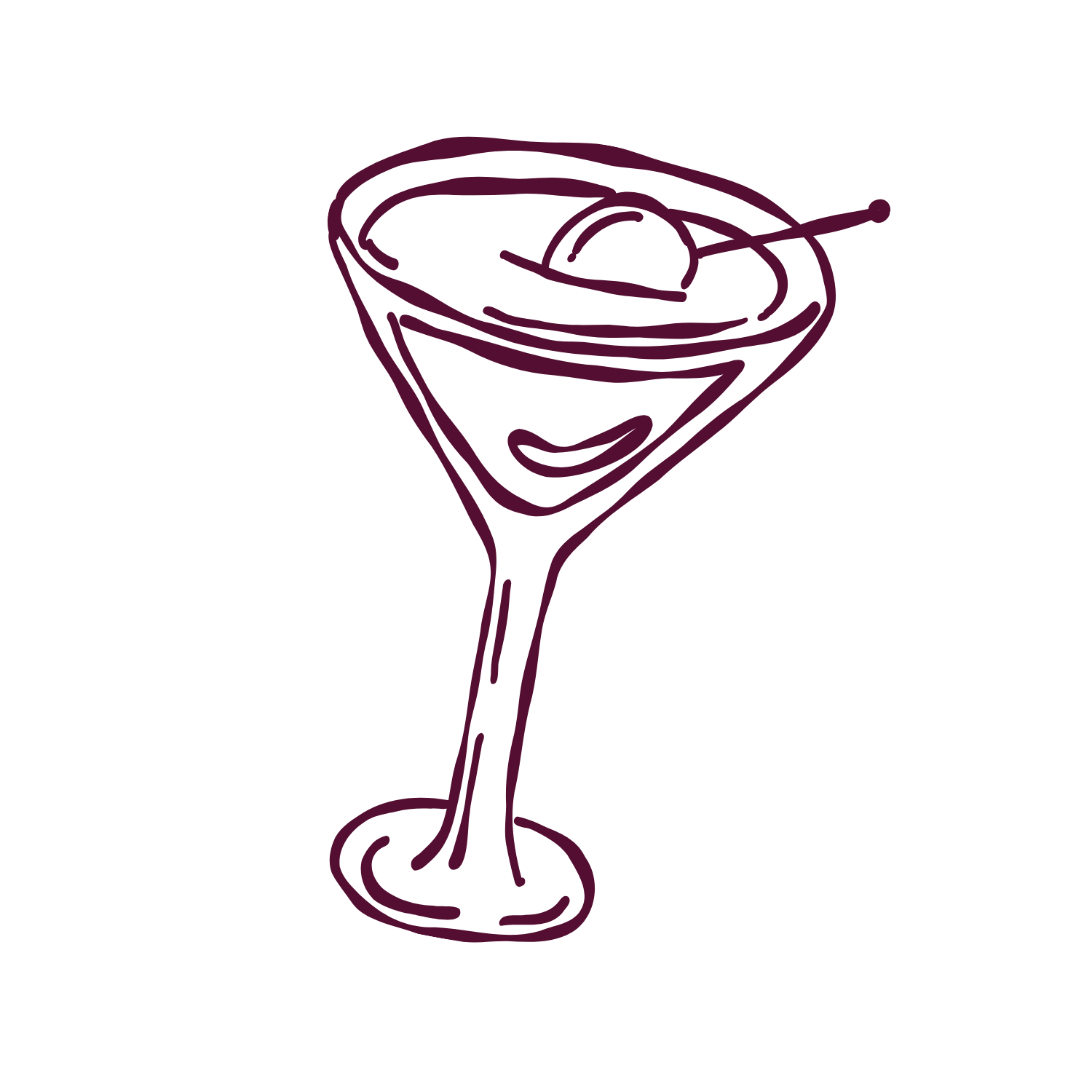 Stylized purple line drawing of a cocktail glass with an olive and a toothpick on a black background.