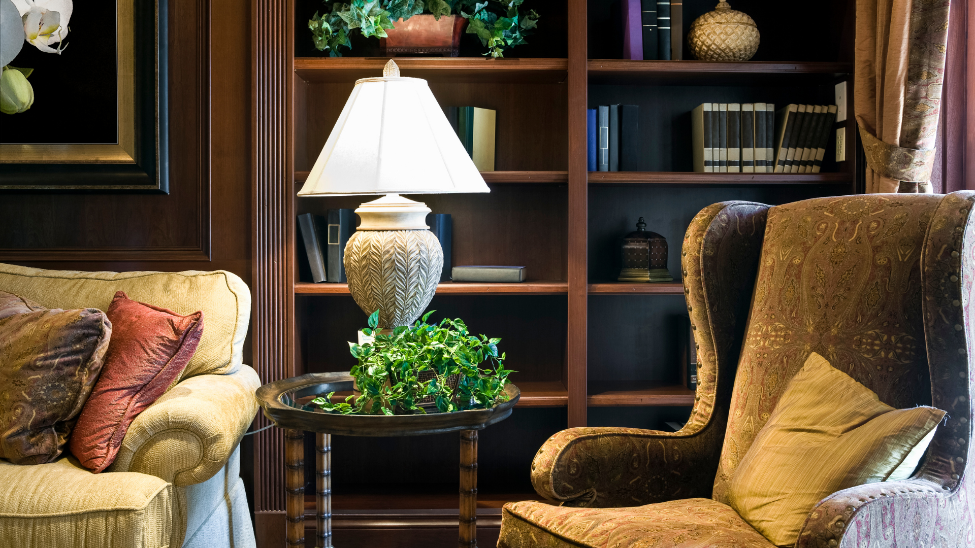 seating and lamp in library