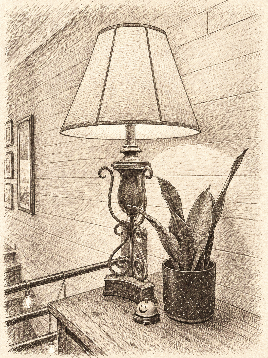 Pencil sketch of lamp, bell and plant