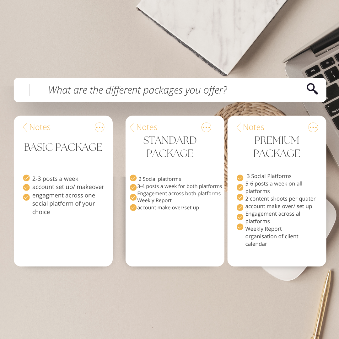 Three notes on a desk titled Basic Package, Standard Package, and Premium Package, detailing social media service offerings. The desk also has a marble notebook, a woven coaster, and a laptop.