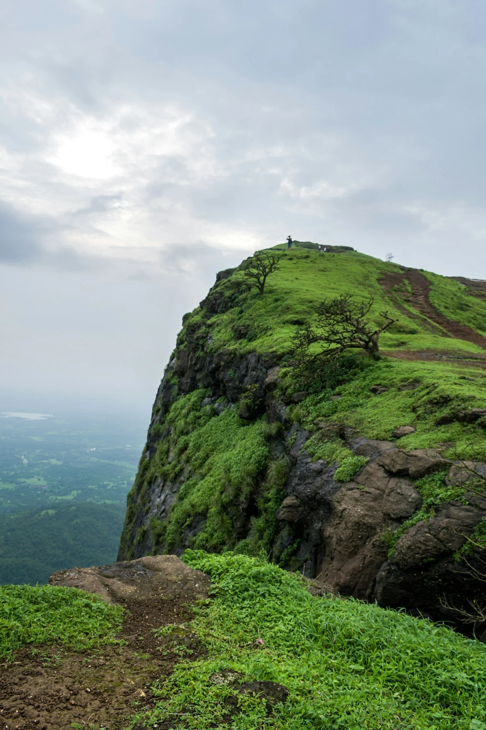 A green mountain with lush grass, rocky outcroppings, and a few small leafless trees, with a foggy landscape and cloudy sky in the background.